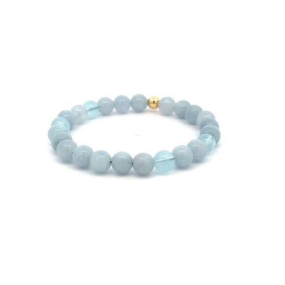 Natural Aquamarine 6mm Stretchable Bracelet 18k Gold Bead Charm - Picture 4 of 5